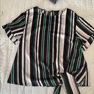 Worthington Black and White Striped Blouse with Green Accents